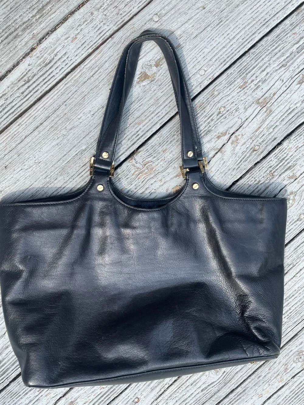 Tory Burch Black Leather Logo Tote with Gold-Tone Accents